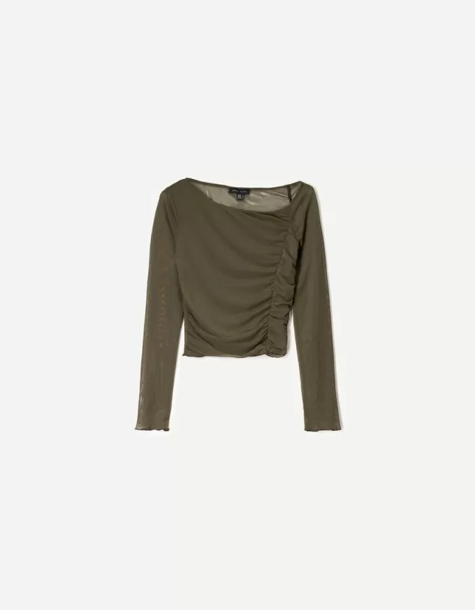 BERSHKA SERIES long sleeve gathered tulle T-shirt