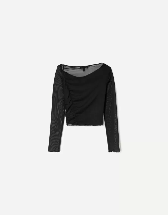 BERSHKA SERIES long sleeve gathered tulle T-shirt