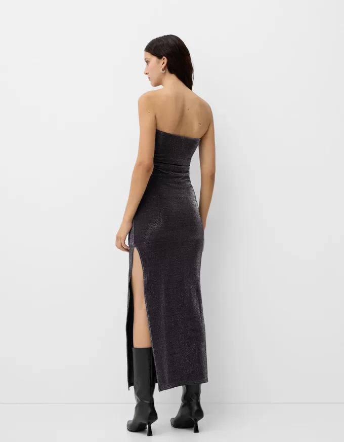 Bandeau neckline midi dress with metallic thread Bandeau neckline midi dress with metallic thread