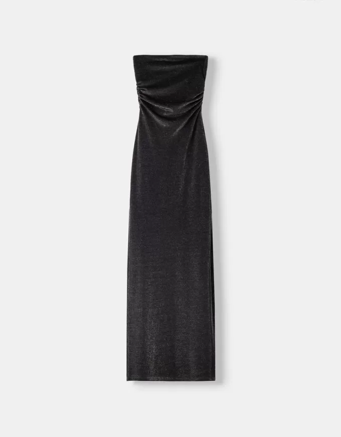 Bandeau neckline midi dress with metallic thread Bandeau neckline midi dress with metallic thread