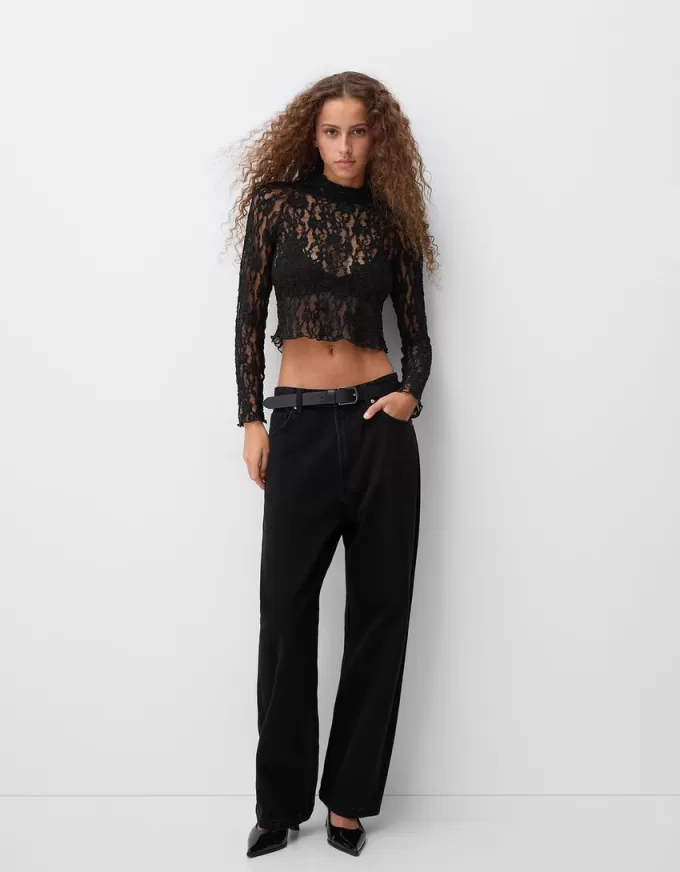 Blonde lace high neck long sleeve T-shirt