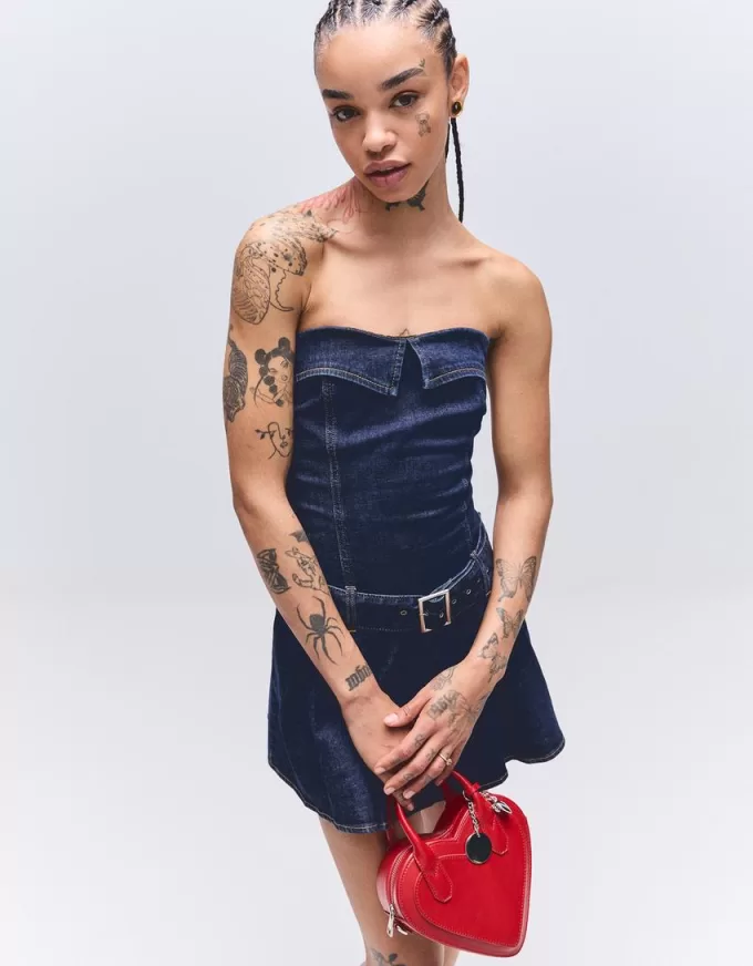 Box pleat denim mini dress