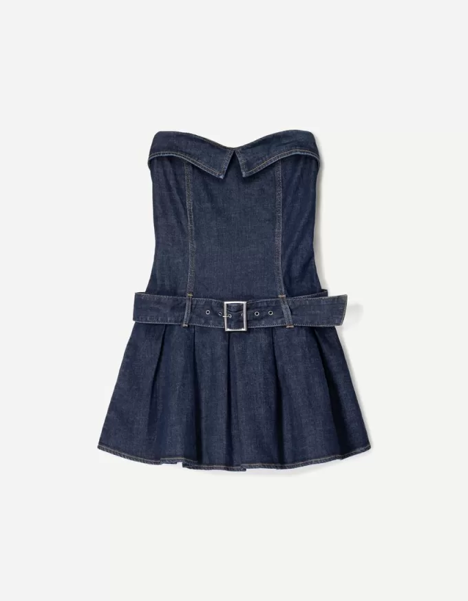 Box pleat denim mini dress