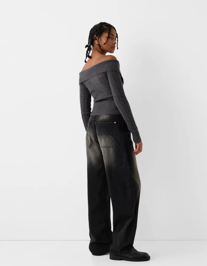 Cable-knit Bardot cardigan with zipper Cable-knit Bardot cardigan with zipper