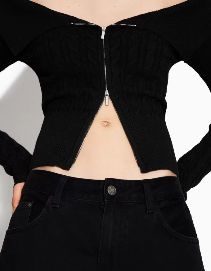 Cable-knit Bardot cardigan with zipper Cable-knit Bardot cardigan with zipper