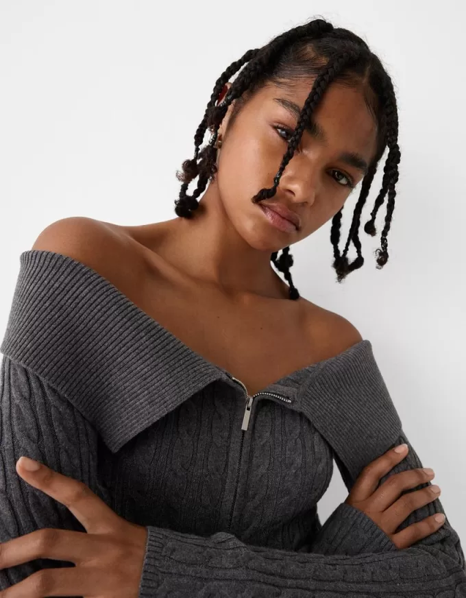 Cable-knit Bardot cardigan with zipper Cable-knit Bardot cardigan with zipper