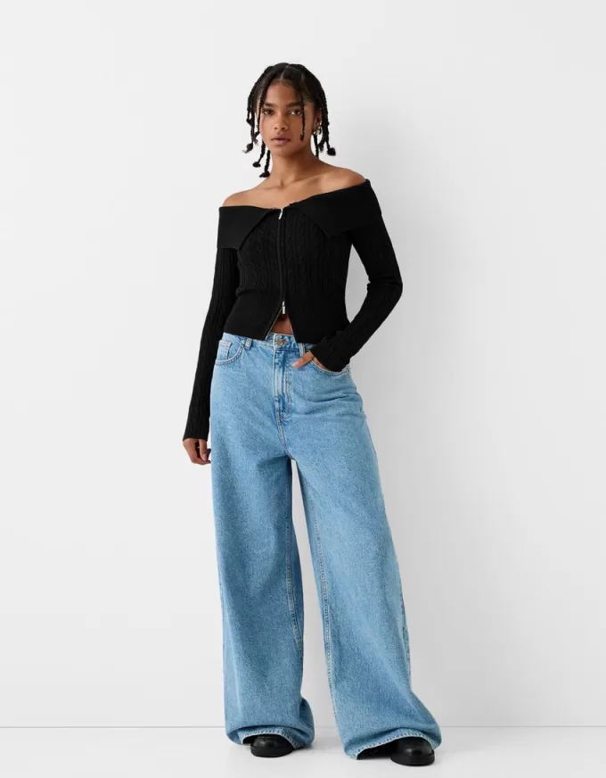 Cable-knit Bardot cardigan with zipper Cable-knit Bardot cardigan with zipper