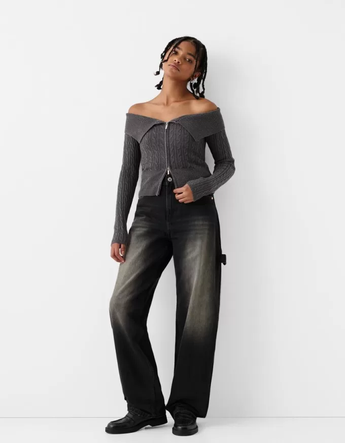 Cable-knit Bardot cardigan with zipper Cable-knit Bardot cardigan with zipper