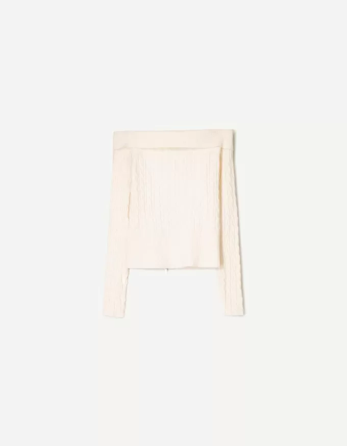 Cable-knit Bardot cardigan with zipper Cable-knit Bardot cardigan with zipper