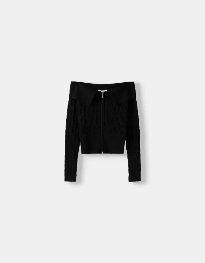 Cable-knit Bardot cardigan with zipper Cable-knit Bardot cardigan with zipper