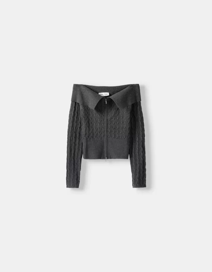 Cable-knit Bardot cardigan with zipper Cable-knit Bardot cardigan with zipper