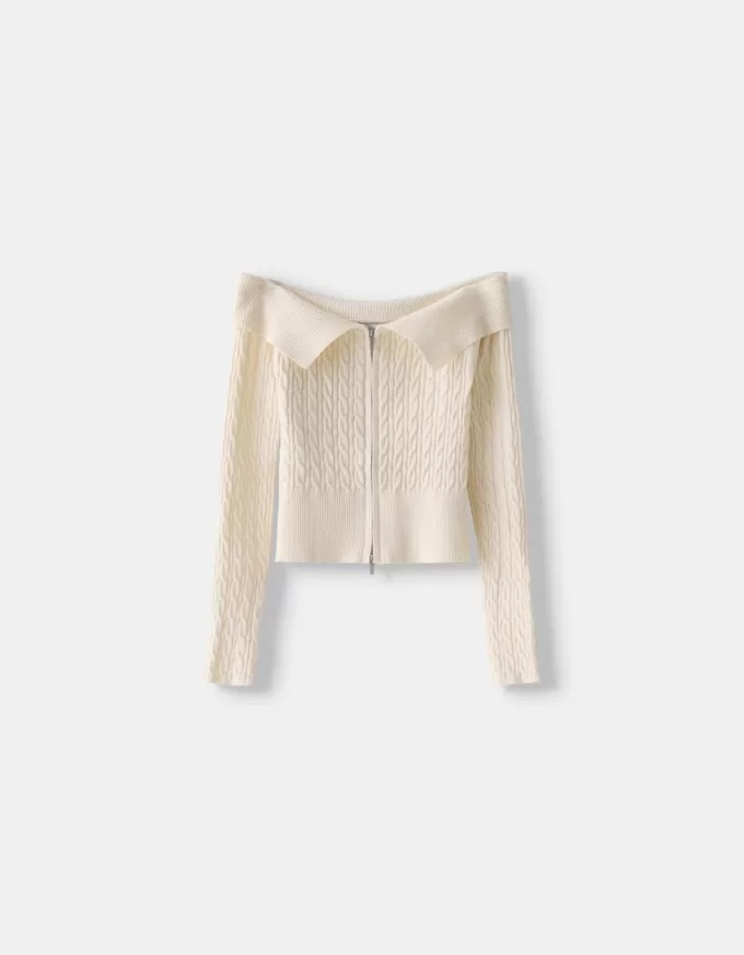 Cable-knit Bardot cardigan with zipper Cable-knit Bardot cardigan with zipper