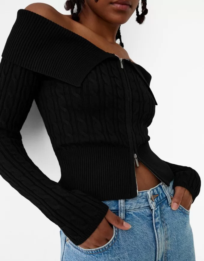 Cable-knit Bardot cardigan with zipper Cable-knit Bardot cardigan with zipper