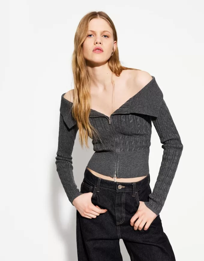 Cable-knit Bardot cardigan with zipper Cable-knit Bardot cardigan with zipper