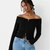 Cable-knit Bardot cardigan with zipper Cable-knit Bardot cardigan with zipper