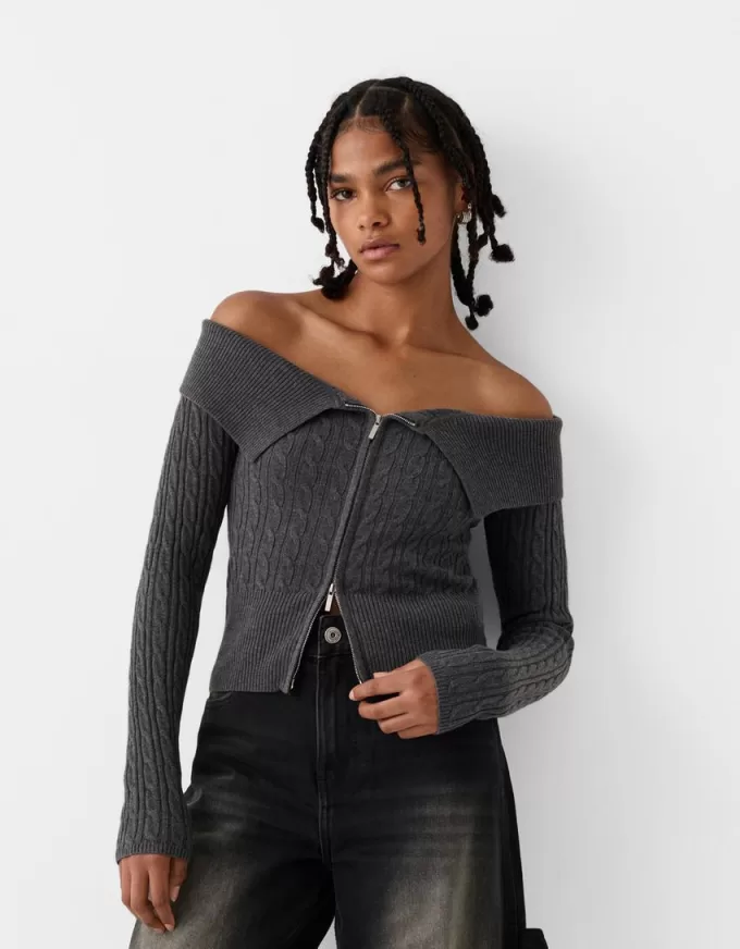 Cable-knit Bardot cardigan with zipper Cable-knit Bardot cardigan with zipper