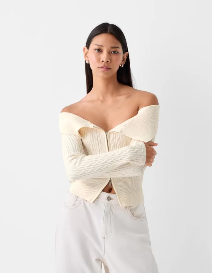 Cable-knit Bardot cardigan with zipper Cable-knit Bardot cardigan with zipper