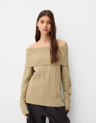 Cable-knit Bardot neckline sweater