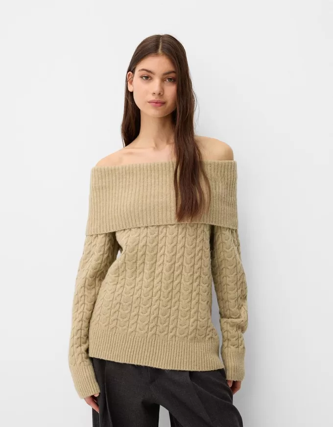 Cable-knit Bardot neckline sweater