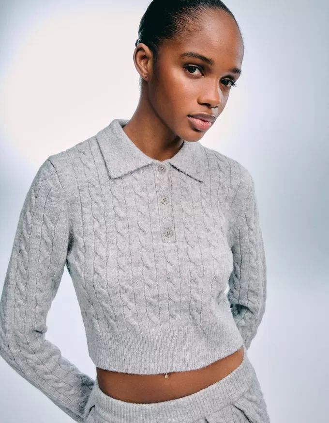 Cable-knit polo collar sweater