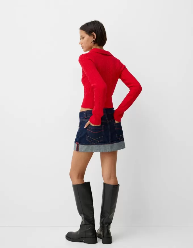 Cable-knit polo collar sweater