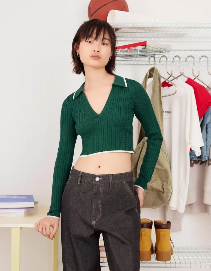 Cable-knit polo collar sweater