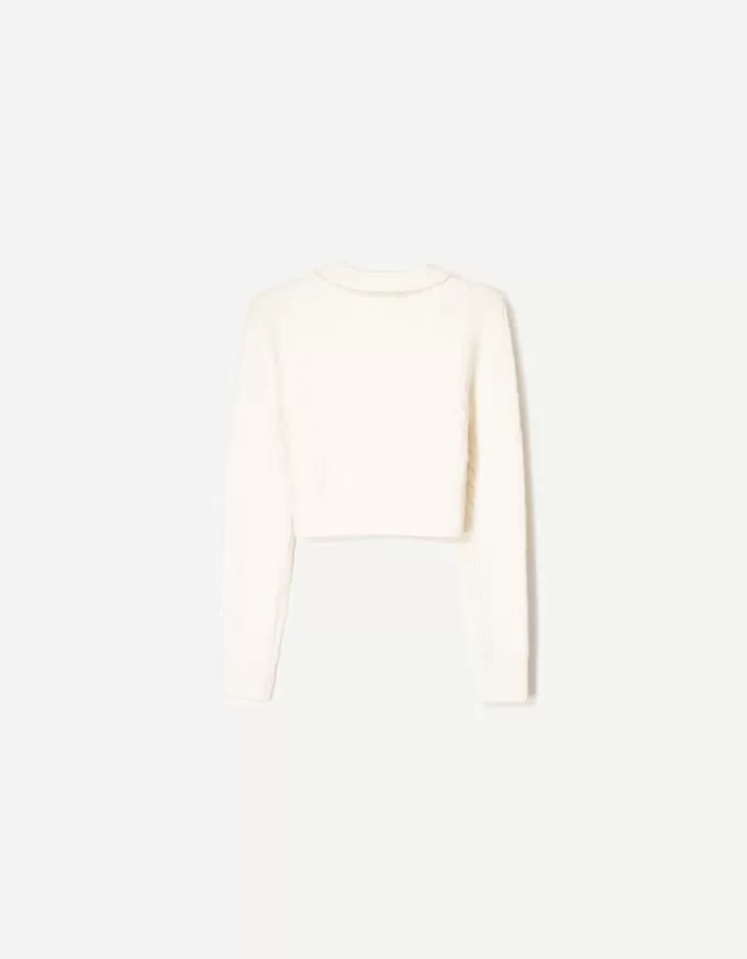 Cable-knit polo collar sweater