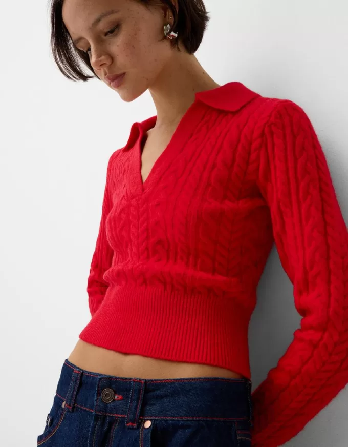 Cable-knit polo collar sweater