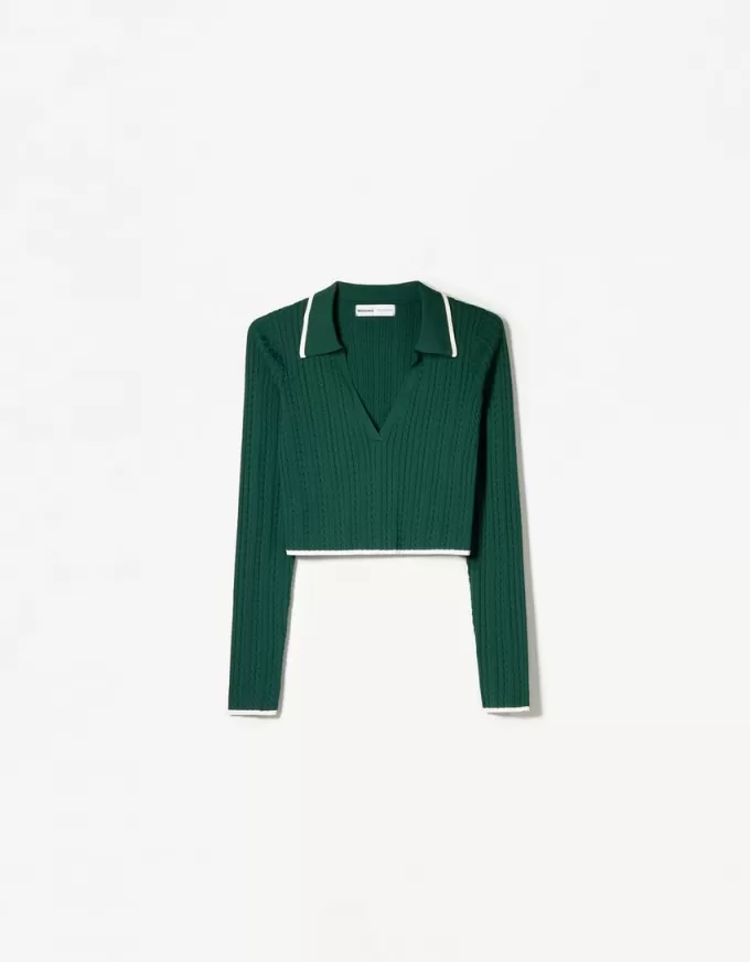 Cable-knit polo collar sweater