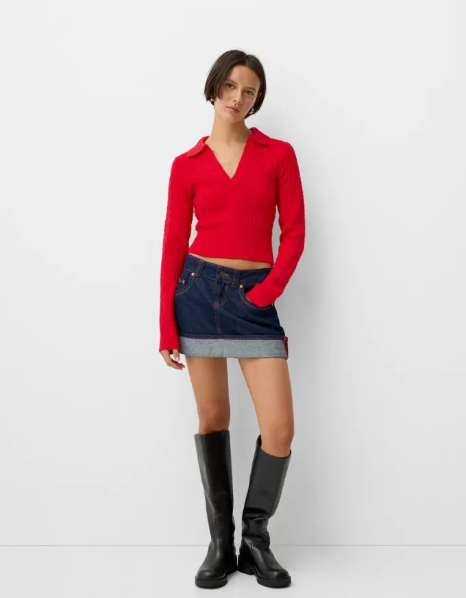 Cable-knit polo collar sweater