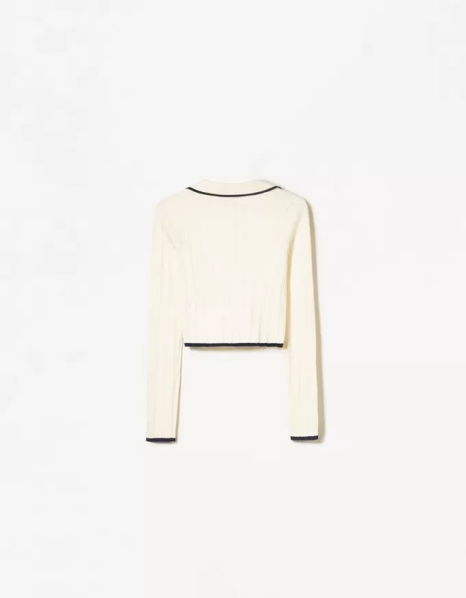 Cable-knit polo collar sweater