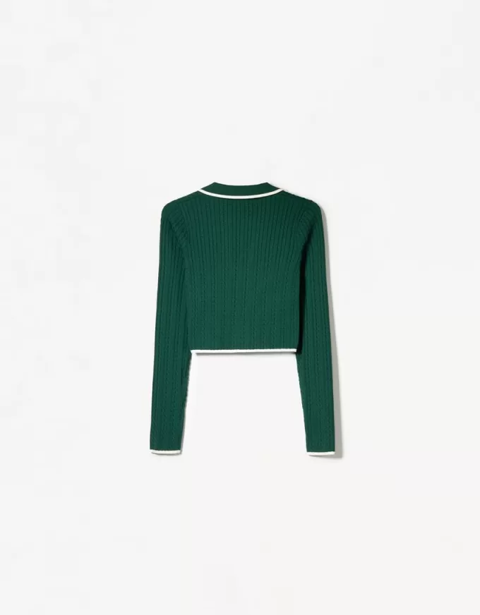 Cable-knit polo collar sweater