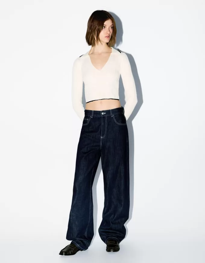 Cable-knit polo collar sweater