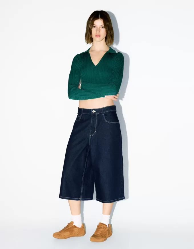 Cable-knit polo collar sweater