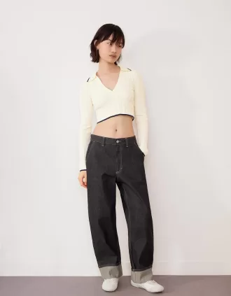 Cable-knit polo collar sweater