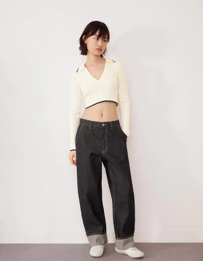 Cable-knit polo collar sweater