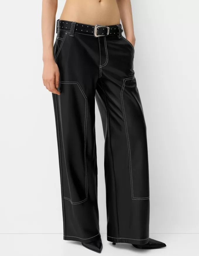 Contrast leather effect pants with belt Contrast leather effect pants with belt