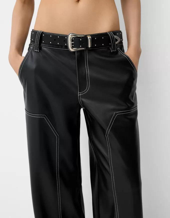 Contrast leather effect pants with belt Contrast leather effect pants with belt