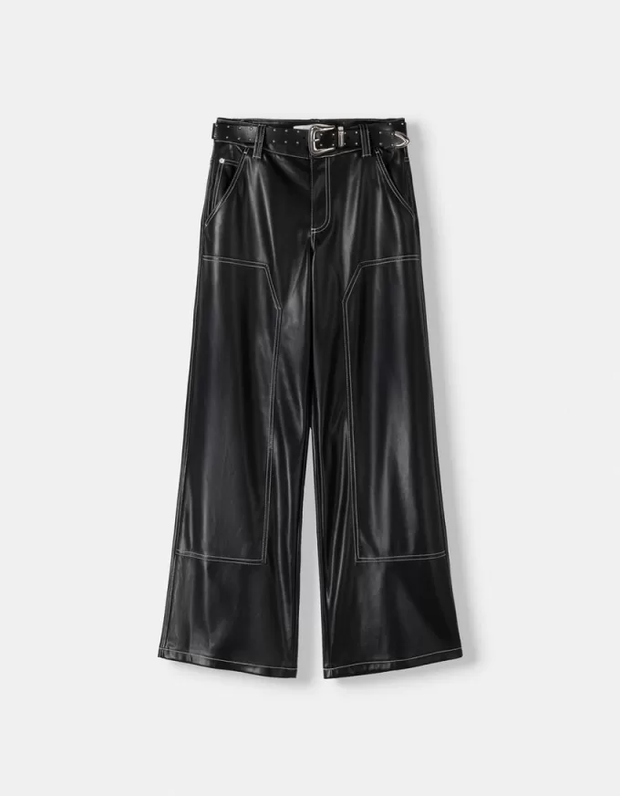 Contrast leather effect pants with belt Contrast leather effect pants with belt