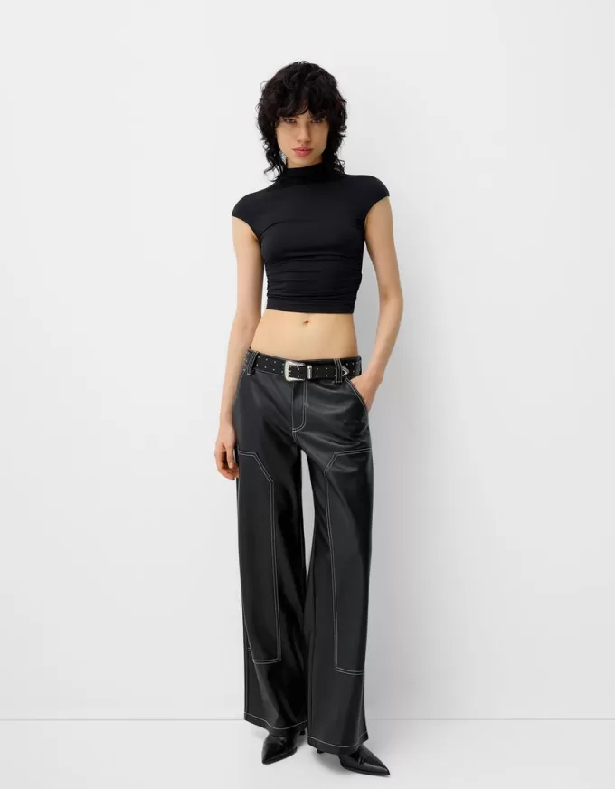 Contrast leather effect pants with belt Contrast leather effect pants with belt