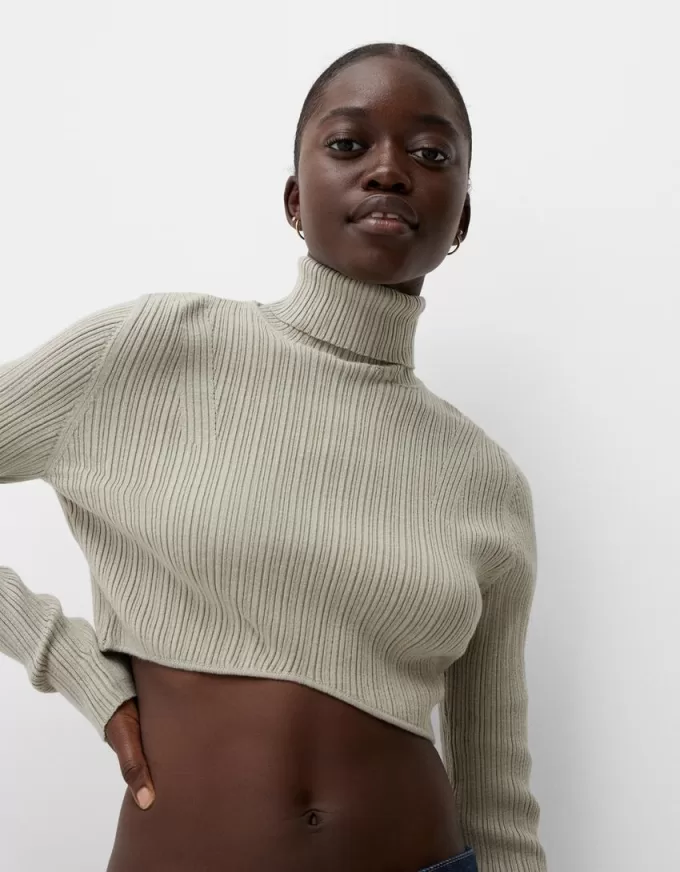 Cropped high neck ribbed sweater