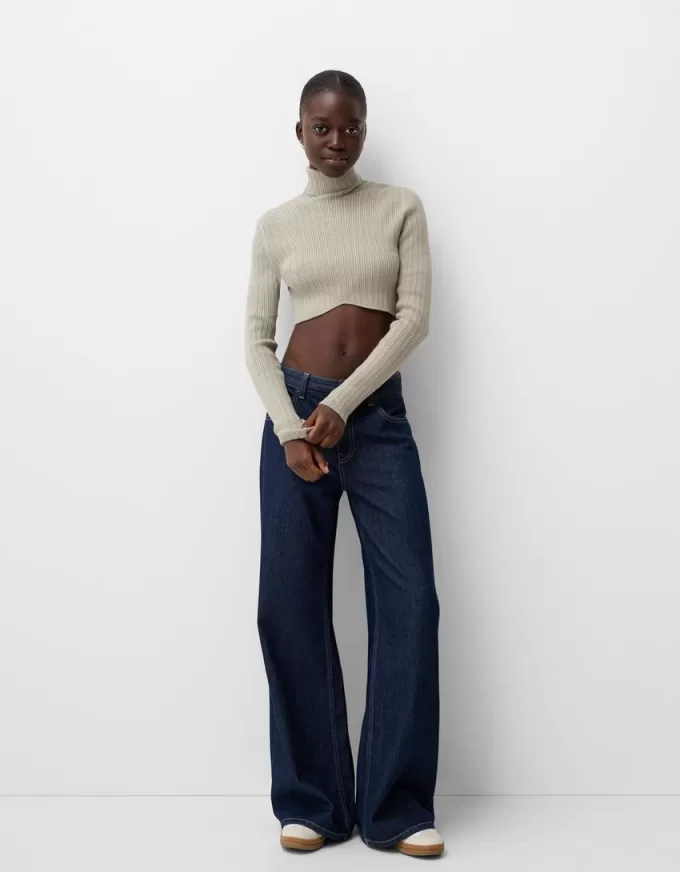 Cropped high neck ribbed sweater