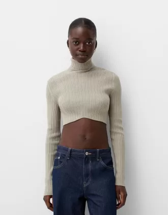 Cropped high neck ribbed sweater