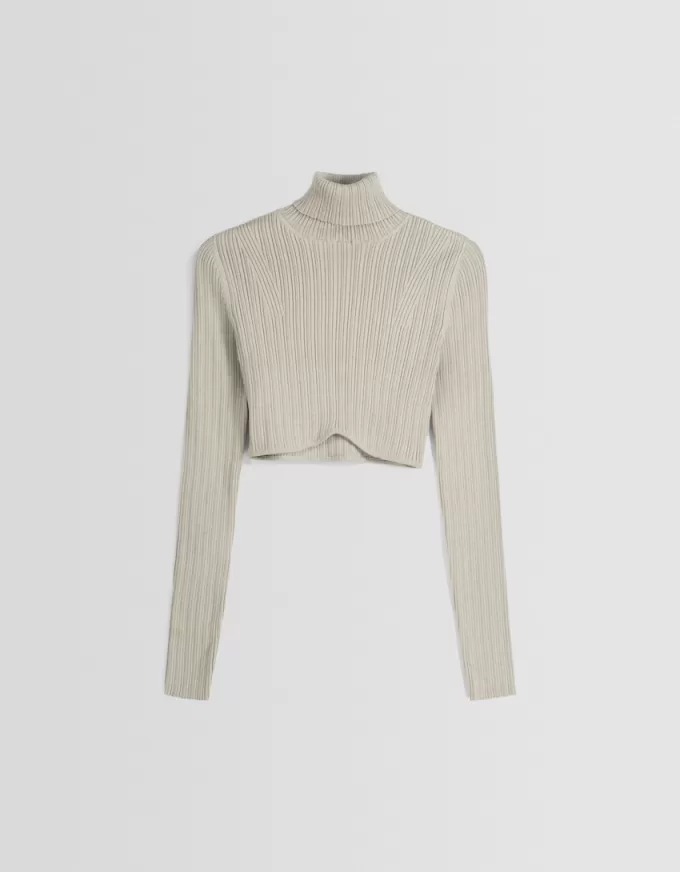 Cropped high neck ribbed sweater