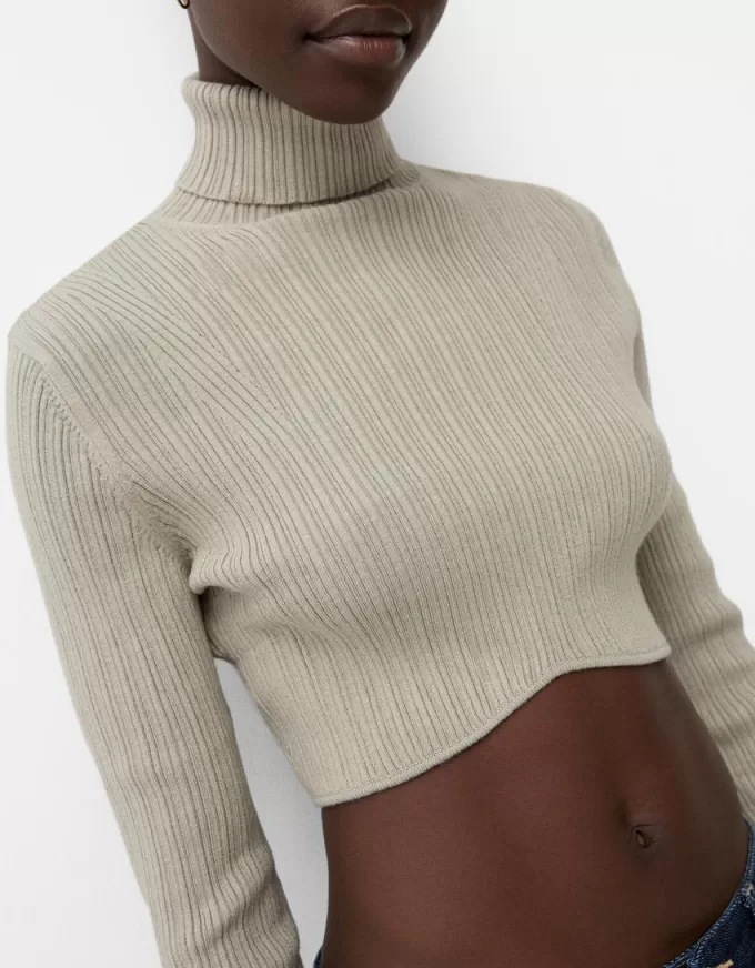 Cropped high neck ribbed sweater