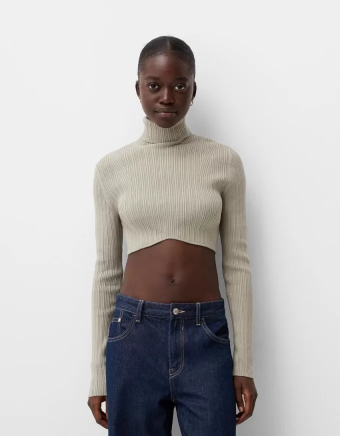 Cropped high neck ribbed sweater