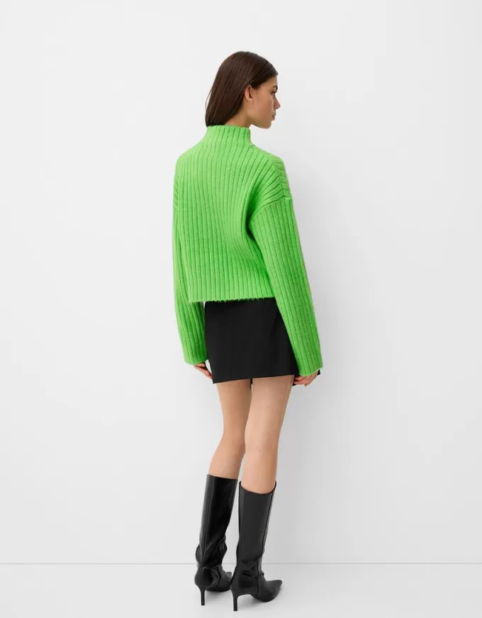 Cropped ribbed oversize high neck sweater