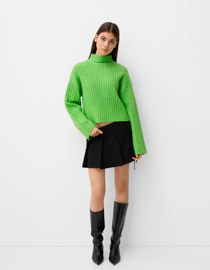 Cropped ribbed oversize high neck sweater