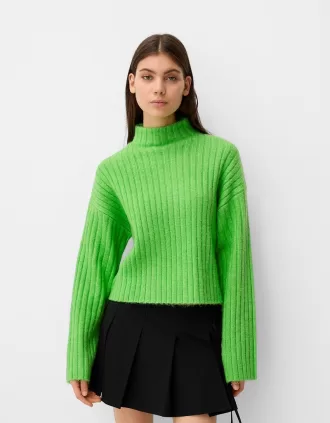 Cropped ribbed oversize high neck sweater
