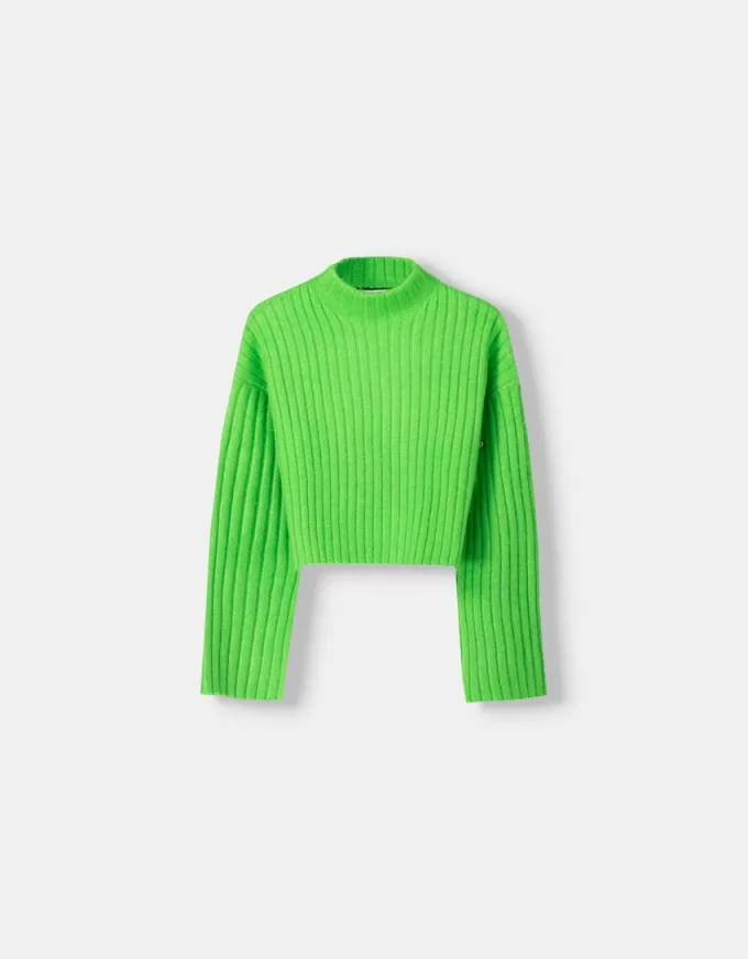 Cropped ribbed oversize high neck sweater
